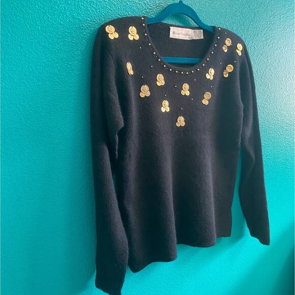 Marisa Christina Lambswool Angora Black Gold Medallion Sweater Size S-M - Picture 6 of 10